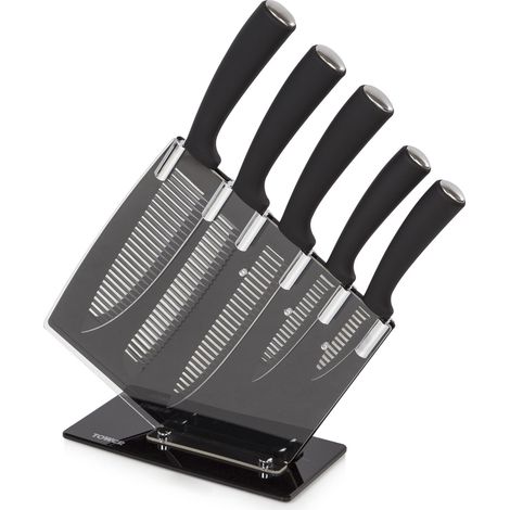 Tower Kitchen Knife Set with Acrylic Knife Block, Black and White Groove Blades with Black Handles, 5-Piece (1/5)