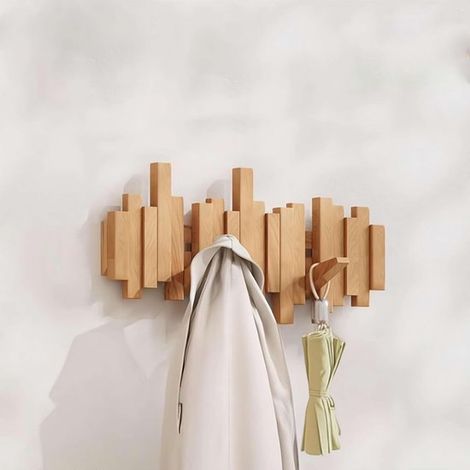Porte-manteau mural pliable en bois, design clavier de piano, avec 3/4/6/8 crochets, sans perçage (couleur bois, 8 crochets) (1/5)