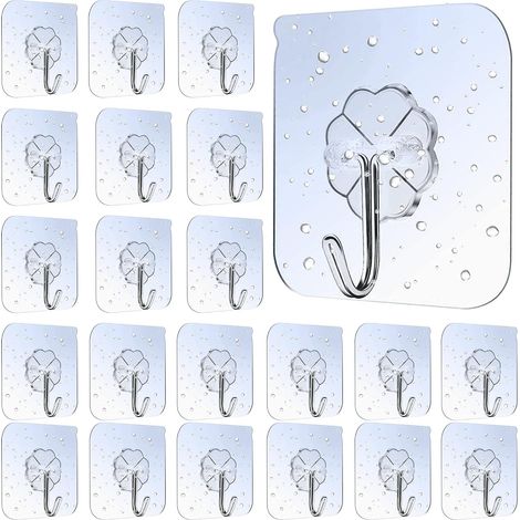Packung mit 40 transparenten und wasserfesten Klebehaken für Bademäntel, Handtücher, Jacken, Schlüssel und Küchenutensilien (1/5)
