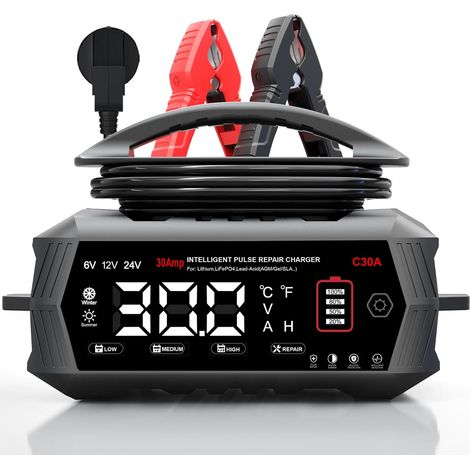 Chargeur de batterie de voiture, 30 A, 6 V/12 V/24 V, pour voiture, camion, moto, tondeuse à gazon, bateau, marine, chargeur de batterie pour lithium, plomb-acide (AGM, gel, EFB (1/5)