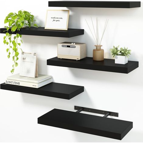 Estantes flotantes para pared, estantes negros de 15,7 pulgadas, estante de pared con soporte invisible para baño, sala de estar, dormitorio, cocina, decoración de oficina (paquete de 5) (1/5)