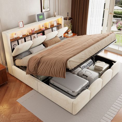 Lit coffre 140x200 cm en velours beige avec USB, LED, rangement intégré – MEUBLIV (1/5)