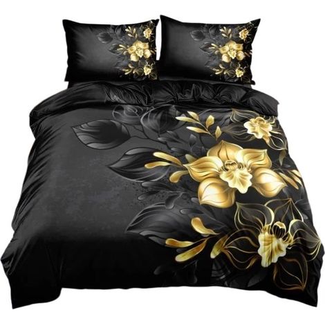 Housse de couette à fleurs dorées 200x200cm, linge de lit en microfibre avec fermeture éclair et 2 taies d'oreiller (1/4)
