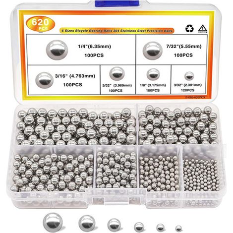 Juego de 620 bolas de precisión de acero inoxidable 304 para rodamientos de bicicleta, 6 tamaños, color plata. (1/5)