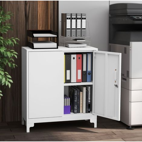 Armoire de bureau métallique verrouillable 2 niveaux blanche OKMYHOME (1/5)
