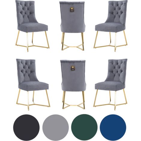 Set of 6 Grey Ambra Modern Velvet Dining Chairs with Gold Legs & Ring Handle - Tufted Back, Plush Foam Seat, Luxury Accent Chair (1/5)