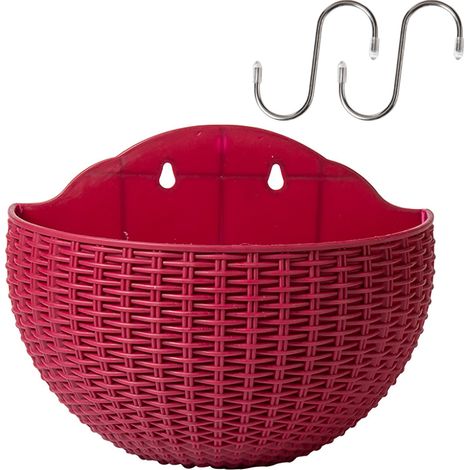 Pot mural imitation rotin demi-rond PP 26cm rouge vin - Système irrigation automatique double avec hooks pour plantes (1/5)