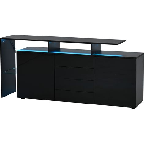 Buffet design 160x35x70cm avec éclairage LED intégré - pour salon - Laqué haute brillance - Panneau de particules - Noir (1/5)