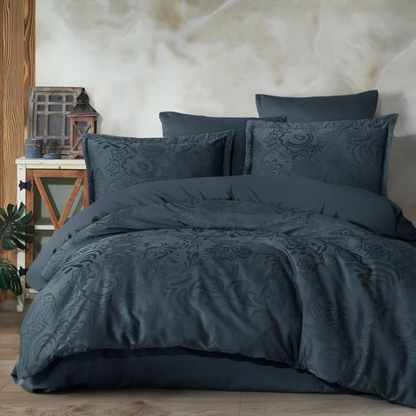 Parure de lit 160x200 cm en coton satiné jacquard, motif Marbella gris foncé (1/4)