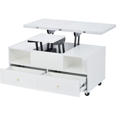 Tavolino da salotto sollevabile con 4 cassetti, MDF bianco, 100 x 50 cm (1/5)