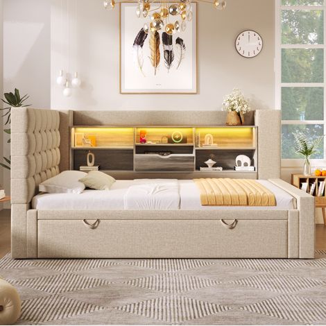 Bett Schlafbett Ausziehbett 90x200 cm LED Beige HAVRYA (1/5)