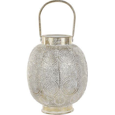 Lanterna Metallo e Vetro Dorato con Portacandele Orientale Traforato 30 cm Lantau