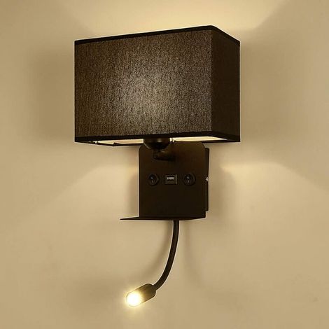 VURAHOME - Applique Murale Intérieure avec Flexible LED Liseuse, Applique de Chevet avec Port USB Applique et Étagère, Lampe Murale de Chambre à Coucher avec Abat Jour Tissu,Warm Light Reading Light,A (1/5)