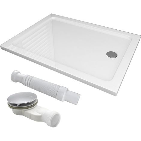 Plateau de douche 120x90 cm en acrylique blanc rectangulaire avec trou de vidange Ø 90 mm, hauteur 4 cm plat incl. ensemble de vidange pour douche, paroi de douche, cabine de douche dans la salle (1/5)
