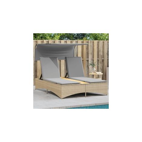 Chaise longue double et auvent et coussins mélange beige rotin (1/5)