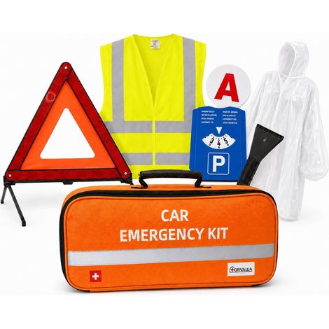 Kit Sécurité Voiture 7 en 1, Triangle ECE R27 et Gilet Jaune CE, Disque A Jeune Conducteur, Disque de Stationnement, Grattoir, Poncho, Sac de Coffre avec Scratch (1/5)