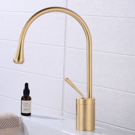 Robinet de Lavabo Or Brossé en Acier Inoxydable - Mitigeur Chaud/Froid Pivotant avec Flexible d'Alimentation Inclus (Modèle Bas). (1/5)