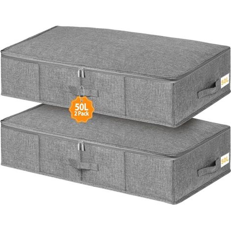 Coffre de rangement sous lit avec couvercle, 50 litres, lot de 2, gris, pliable en tissu, 76 x 40 x 17 cm