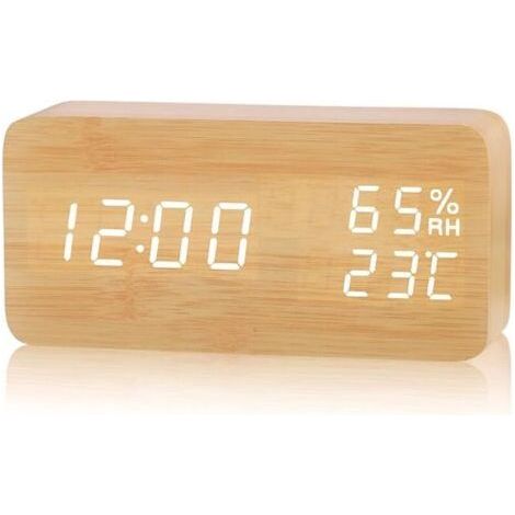 LED Réveil Électronique en Bois, Horloge Numérique avec 3 Réglages d'Alarme, Numérique Réveil Alimenté par USB Affichage de l'Heure, de la Température et de l'Humidité,12/24 Heure (1/4)