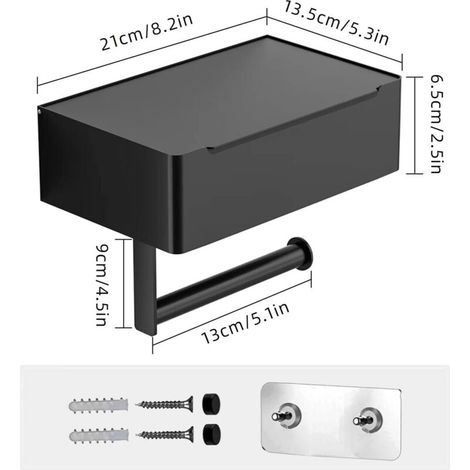 Porte-papier toilette, boîte à lingettes noir mat, boîte de rangement, porte-rouleau de papier toilette mural en acier inoxydable pour salle de bain, cuisine (autocollant ou percé) (1/3)