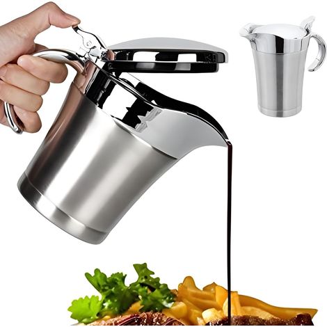 Sauciere aus Edelstahl, hält Lebensmittel warm oder kühl, 450 ml Soßenkrug mit Scharnierdeckel und Griff, doppelwandig, isoliert, ideal für Saucen, Vanillepudding, Cremesauce (Silber) (1/5)