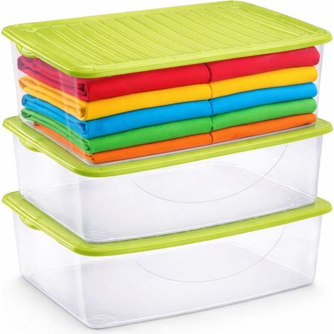 Set 3 Contenitori Salvaspazio 27 Litri in Plastica Trasparente con Coperchio Verde per Armadio e Portabiancheria (1/5)
