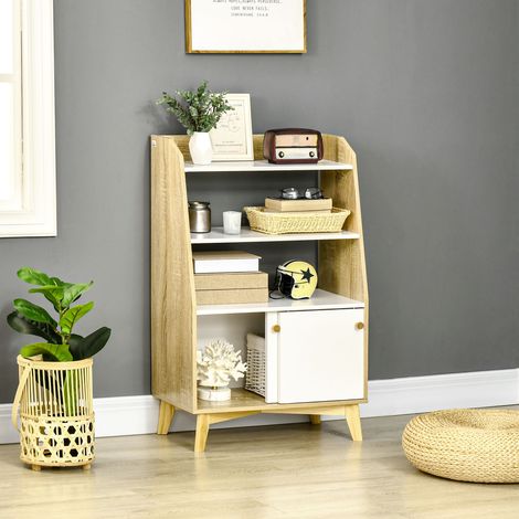 Meuble de salon avec étagère ouverte 2 niveaux et placard 2 portes, en panneau de particules et pin, 58x30x93 cm (1/5)