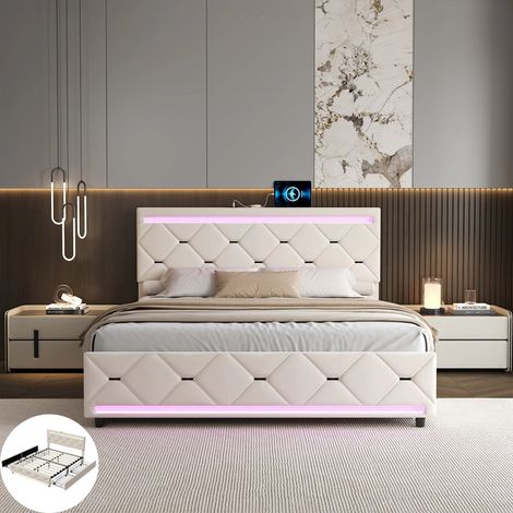 Lit 140x190 cm avec LED et 4 tiroirs,lit adulte avec chargement USB,lit 2 personnes,lit rangement,Moderne Minimaliste,Velours Beige (1/5)