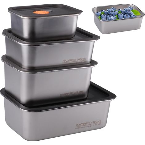 4 Pièces Bac Inox Alimentaire avec Couvercle Boîtes de Conservation Alimentaire Empilables Boite Alimentaire Inox Réutilisables pour Réfrigérateur, Restaurant, Cuisine (1/5)
