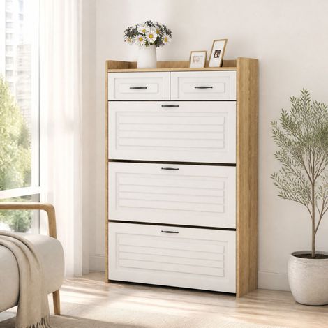Zapatero con 3 puertas abatibles y 2 cajones, 80 x 23,5 x 131 cm, blanco/natural HAVRYA (1/5)
