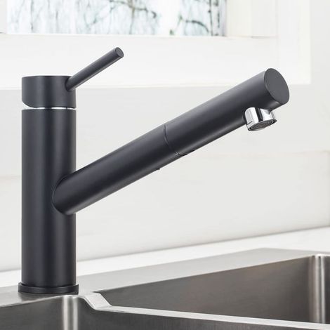 Robinet de cuisine noir avec douchette, mitigeur d'évier extractible et pivotant à 360°, robinet réglable eau chaude/eau froide en acier inoxydable SS304 (1/4)