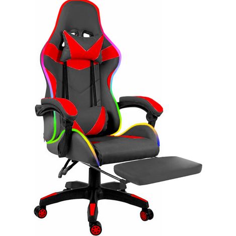 Sedia Gaming Con LED RGB e Telecomando Poltrona Ufficio Scrivania Casa PC Stile Racing Girevole Ergonomica In Ecopelle Cuscino Supporto Lombare Poggiapiedi Poggiatesta Braccioli (Nero e Rosso) (1/5)