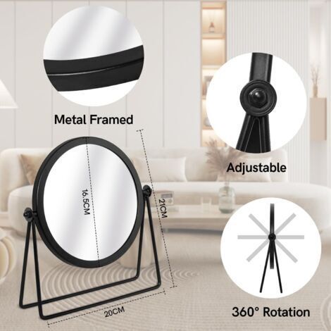 Miroir de maquillage rond vintage en métal noir pour commode, coiffeuse, table ou bureau, 20,3 cm.