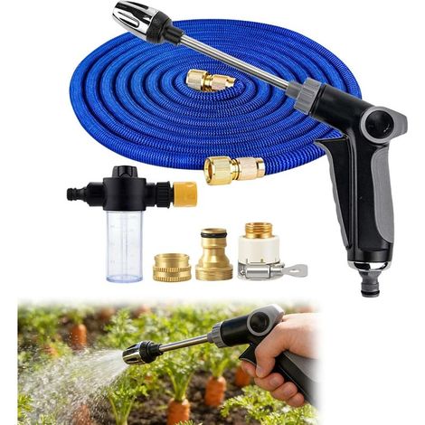 Nettoyeur Haute Pression,(Tuyau Extensible de 2.5 m) Pistolet Haute Pression avec Réservoir à Mousse et Raccords Métalliques pour Lavage Voiture Jardin Terrasse (1/5)