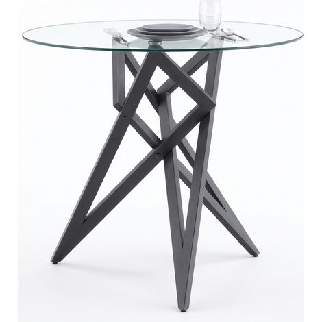 FurnitureR Table ronde de 85 cm en verre trempé avec piètement métallique géométrique, au style aérien et moderne pour les petits espaces repas (1/5)