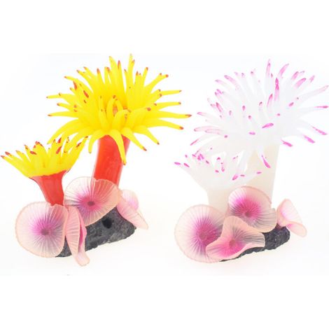 Lot de 2 coraux artificiels pour aquarium - Simulent un habitat marin grâce à leur matériau en silicone souple, décoration sûre et non toxique pour aquariums d'eau douce, accessoires de décoration écl (1/4)