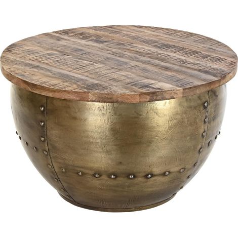 Table basse en bois de manguier et métal coloris marron / doré - diamètre 68 x hauteur 44 cm -PEGANE- (1/4)
