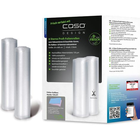 Lot de 2 rouleaux de film de mise sous vide professionnel 6 étoiles 20 x 600 cm pour toutes les machines à emballer sous vide, solides et indéchirables, environ 150 microns, sacs sous vide, sans (1/5)