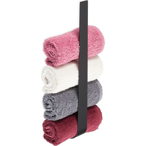 Relaxdays Toallero de Pared Adhesivo, Soporte Toallas sin Taladro 36 cm, Portatoallas sin Perforar, Baño, Acero, Negro