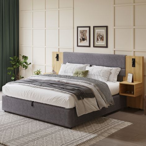 Letto imbottito 180 x 200 cm, letto idraulico con gambe larghe e porta USB, con illuminazione, due comodini con vano contenitore inclusi, struttura a doghe in legno, facile da montare, velluto, grigio (1/5)