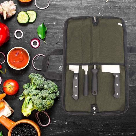 Borsa porta coltelli da chef - Astuccio arrotolabile per coltelli da chef - Verde militare - 47,5 x 31 cm - Tela - Pratica borsa porta coltelli da cucina (1/4)