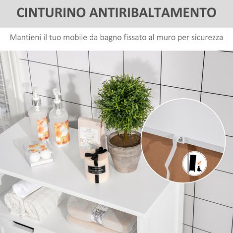 Armoire salle de bain gain de place multifonction 60x30x108.8cm blanc, meuble vasque 2 portes battantes avec étagère et 2 tiroirs réglables