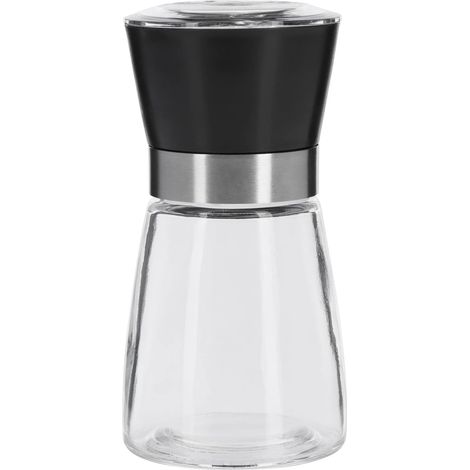 Moulin à épices — Mécanisme de broyage en céramique, réglage progressif, structure en verre et plastique, coloris noir, argent et transparent. (1/5)