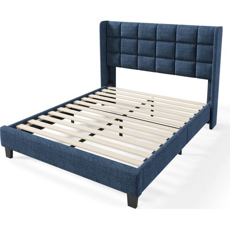 Gepolstertes Doppelbett Blau 140x200 cm mit Lattenrost, hohes Leinen-Kopfteil, ohne Matratze (1/5)