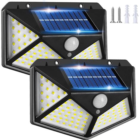 Lampe Solaire Exterieur Détecteur Mouvement, 3 Modes 270° Eclairage Lumiere Sécurité sans Fil IP65 Etanche Spot Mural Applique pour Jardin, 【2 Pack】100 LED Lumiere Solaire Extérieur Garage (1/5)