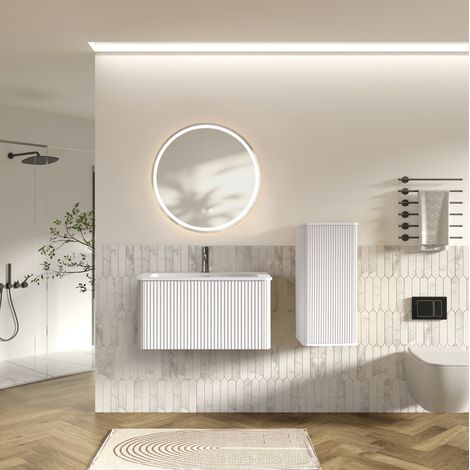 Badmöbel Set mit LED Badspiegel, wandhängende Schränke, Beschlagschutz, MDF Sperrholz Kunststein Glas, Weiß (1/5)
