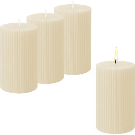 Echtwachs Stumpenkerze 10 x 6 cm geriffelt 4er Set - creme weiß - Advents Kerze unparfümiert ca. 27 Stunden Brenndauer