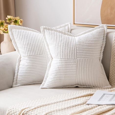 Coussin Canapé 40×40cm Blanc Lot de 2 Patchwork  Velours Côtelé, Bordouré, Fermeture Invisible, Canapé, Lit, Fauteuil, Salon, Chambre, Coin Lecture, Moderne, Scandinave, Boho (1/4)