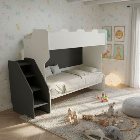 Letto a castello salvaspazio con terzo letto estraibile e scala laterale - Ideale per camerette - Bianco e basalto