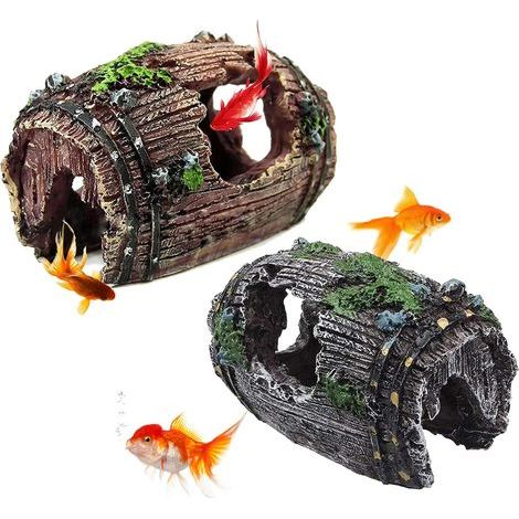 Lot de 2 décorations en résine représentant des rochers de grotte, des tonneaux cassés et des ornements en résine pour aquarium. (1/5)